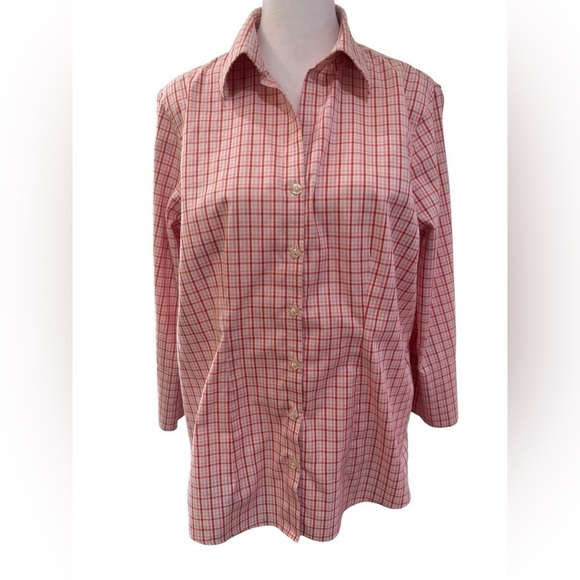 Lands' End Tops - Women's Land End No Iron Pinpoint Oxford Pink Plaid Button-Up Shirt size 12